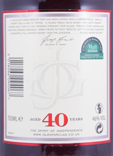 Glenfarclas 40 Years Oloroso Sherry Casks Limited 2011 Edition Highland Single Malt Scotch Whisky 46.0%