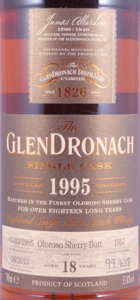 Glendronach 1995 18 Years Oloroso Sherry Butt No. 1557 Highland Single Malt Scotch Whisky Cask Strength 53,8%