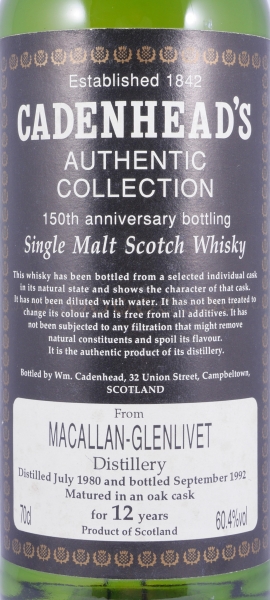 Macallan-Glenlivet 1980 12 Years Oak Cask 150th Anniversary Bottling Cadenhead Highland Single Malt Scotch Whisky 60,4%
