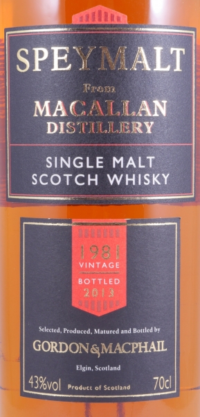 Macallan Speymalt 1981 32 Years 1st Fill Bourbon Cask Gordon and MacPhail Highland Single Malt Scotch Whisky 43.0%