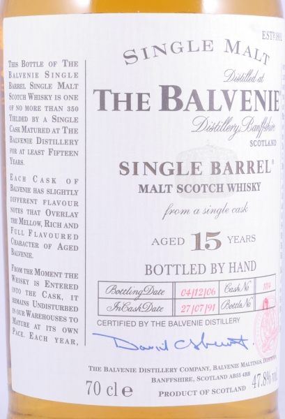 Balvenie 1991 15 Years Oak Cask No. 1114 Single Barrel Highland Single Malt Scotch Whisky 47.8%