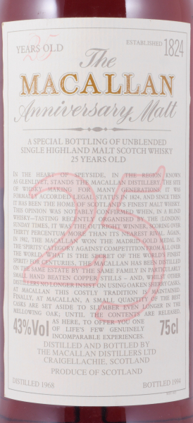 Macallan 1968 25 Years Sherry Oak The Anniversary Malt Special Bottling Highland Single Malt Scotch Whisky 43,0%