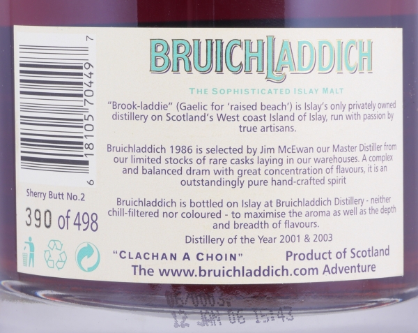Bruichladdich 1986 20 Years Sherry Butt Cask No. 2 Special Exclusive Islay Single Malt Scotch Whisky 54.9%