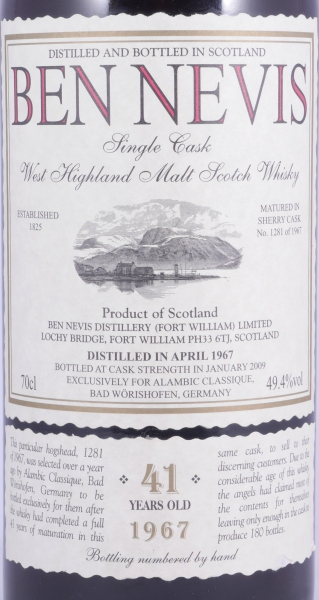 Ben Nevis 1967 41 Years Sherry Hogshead Cask No. 1281 Highland Single Malt Scotch Whisky Cask Strength 49,4%