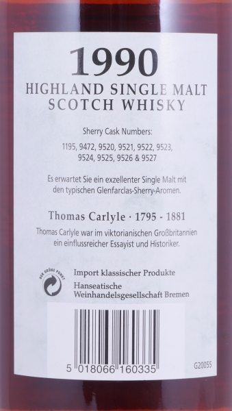 Glenfarclas 1990 26 Years Sherry Casks Nos. 1195, 9472, 9520-9527 Edition No. 21 Thomas Carlyle Highland Single Malt Scotch Whisky 46.0%