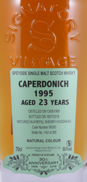 Caperdonich 1995 23 Years Sherry Hogshead Cask No. 95050 Signatory 30th Anniversary Speyside Single Malt Scotch Whisky 58,4%