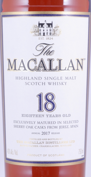 Macallan 18 Years Sherry Oak Annual 2017 Release Highland Single Malt Scotch Whisky Edrington Americas NY 43.0%