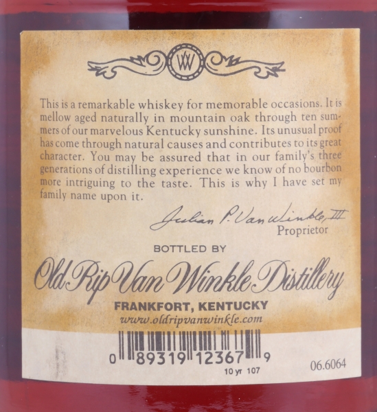 Old Rip Van Winkle 10 Years Dumpy Bottle No. D704 Handmade Kentucky Straight Bourbon Whiskey 53,5%