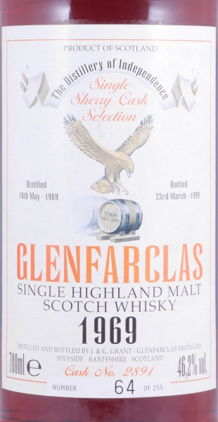 Glenfarclas 1969 29 Years Sherry Cask No. 2891 Eagle Label Highland Single Malt Scotch Whisky 46.2%
