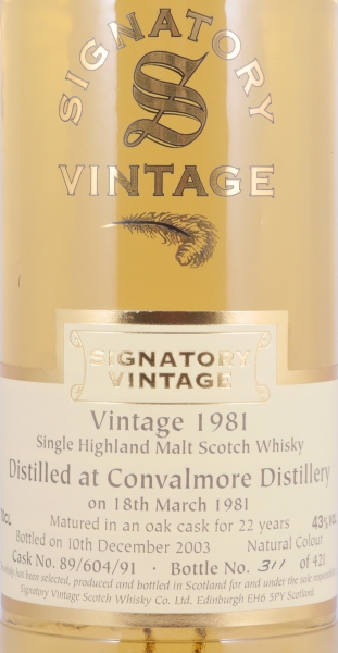 Convalmore 1981 22 Years Oak Cask No. 89/604/91 Signatory Vintage Highland Single Malt Scotch Whisky 43,0%