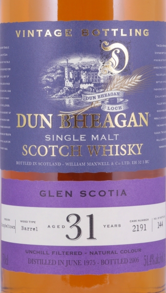 Glen Scotia 1975 31 Years Barrel No. 2191 Dun Bheagan Special Edition Campbeltown Single Malt Scotch Whisky 51.4%