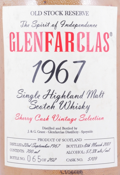 Glenfarclas 1967 33 Years Sherry Cask No. 5109 Old Stock Reserve Vintage Selection Highland Single Malt Scotch Whisky 57.3%