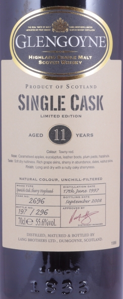 Glengoyne 1997 11 Years Spanish Oak Sherry Hogshead Cask No. 2696 Highland Single Malt Scotch Whisky Cask Strength 55.6%