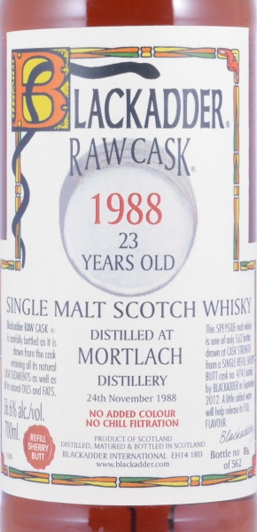Mortlach 1988 23 Years Refill Sherry Butt Cask No. 4741 Blackadder Raw Cask Speyside Single Malt Scotch Whisky 56,6%