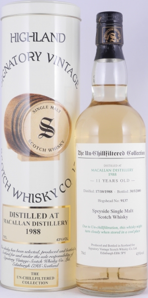 Macallan 1988 11 Years Hogshead No. 9137 Signatory Vintage The Un-Chillfiltered Collection Speyside Single Malt Scotch Whisky 43.0%