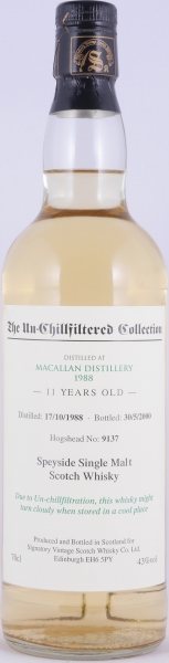 Macallan 1988 11 Years Hogshead No. 9137 Signatory Vintage The Un-Chillfiltered Collection Speyside Single Malt Scotch Whisky 43.0%