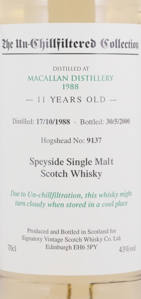 Macallan 1988 11 Years Hogshead No. 9137 Signatory Vintage The Un-Chillfiltered Collection Speyside Single Malt Scotch Whisky 43.0%