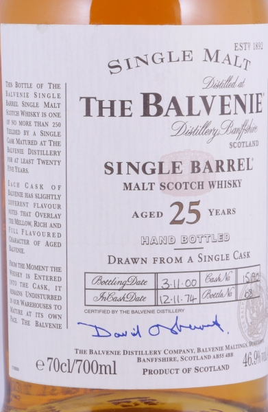 Balvenie 1974 25 Years Single Barrel Oak Cask No. 15190 Highland Single Malt Scotch Whisky 46,9%