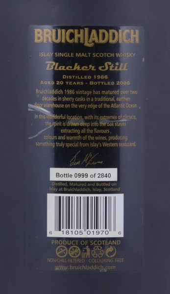 Bruichladdich 1986 20 Years Blacker Still 1st Release Fresh Olorosso Sherry Casks Islay Single Malt Scotch Whisky Cask Strength 50.7%
