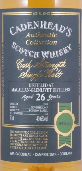 Macallan-Glenlivet 1989 26 Years Bourbon Barrel Cadenhead Speyside Single Malt Scotch Whisky Cask Strength 49.6%