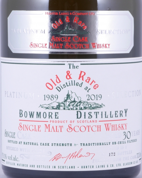 Bowmore 1989 30 Years Hunter Laing Old and Rare Heritage Platinum Selection Islay Single Malt Scotch Whisky Cask Strength 53,1%