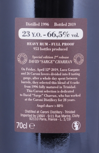 Velier Caroni 1996 23 Years Employees Special Edition 2nd Release David “Sarge” Charran Full Proof Heavy Trinidad Rum 66,5%
