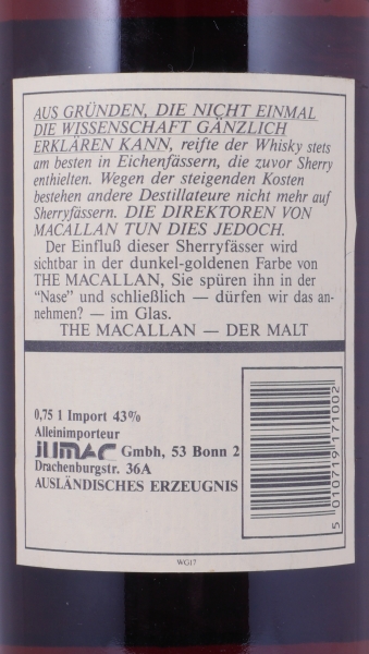 Macallan 1967 18 Years bottled in the Year 1986 Sherry Wood Highland Single Malt Scotch Whisky 43.0%
