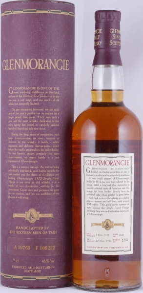 Glenmorangie 1972 22 Years Single Barrel Cask No. 1830 Rare Vintage Limited Bottling Highland Single Malt Scotch Whisky 46,0%