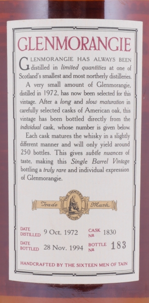 Glenmorangie 1972 22 Years Single Barrel Cask No. 1830 Rare Vintage Limited Bottling Highland Single Malt Scotch Whisky 46,0%