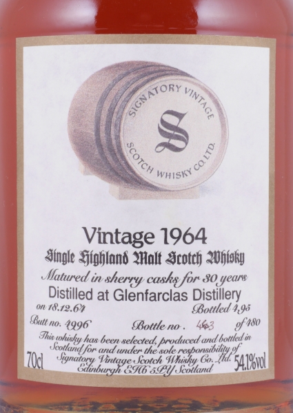 Glenfarclas 1964 30 Years Sherry Butt Cask No. 4996 Signatory Vintage Highland Single Malt Scotch Whisky 54.1%