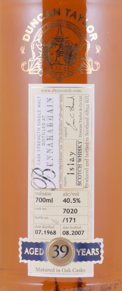 Bunnahabhain 1968 39 Years Oak Cask No. 7020 Duncan Taylor Cask Strength Rare Auld Islay Single Malt Scotch Whisky 40,5%