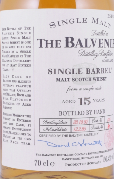 Balvenie 1985 15 Years Single Barrel Oak Cask No. 645 Highland Single Malt Scotch Whisky 50,4%