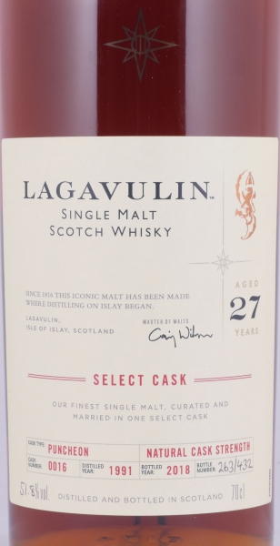Lagavulin 1991 27 Years Puncheon Cask No. 0016 Select Cask Limited Single Cask Edition Islay Single Malt Scotch Whisky 51,8%