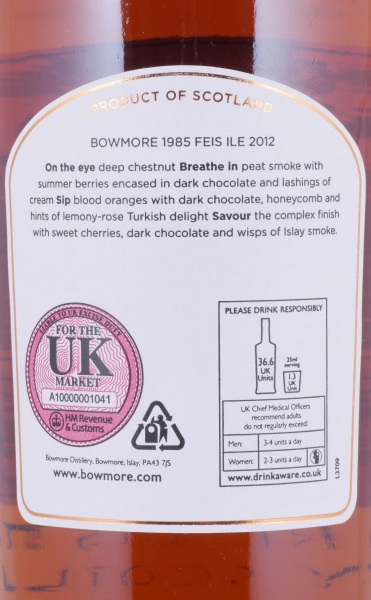 Bowmore 1985 27 Years Bourbon and Sherry Cask Feis Ile 2012 Limited Edition Islay Single Malt Scotch Whisky 52.3%