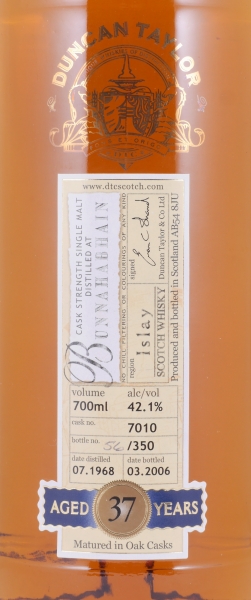 Bunnahabhain 1968 37 Years Oak Cask No. 7010 Duncan Taylor Cask Strength Rare Auld Islay Single Malt Scotch Whisky 42.1%