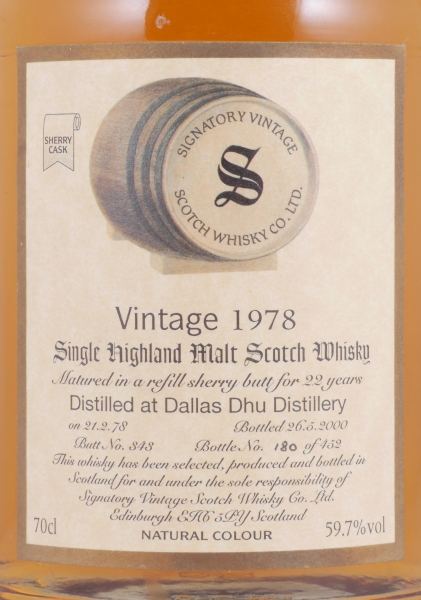 Dallas Dhu 1978 22 Years Sherry Butt Cask No. 343 Signatory Vintage Speyside Single Malt Scotch Whisky 59.7%