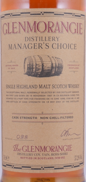 Glenmorangie 1987 13 Years Port Pipe Finish Cask No. 41 Distillery Manager Highland Single Malt Scotch Whisky 57,2%