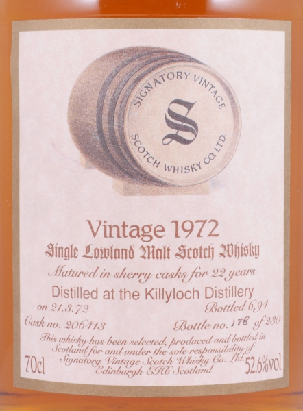 Killyloch 1972 22 Years Sherry Cask No. 206413 Signatory Vintage Dumpy Bottle Lowland Single Malt Scotch Whisky 52.6%