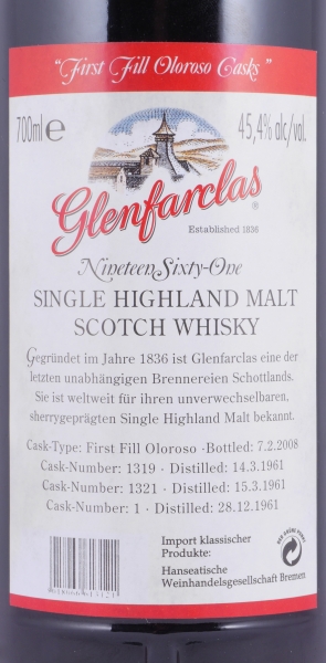 Glenfarclas 1961 46 Years First Fill Oloroso Sherry Cask No. 1, 1319, 1321 Premium Casks Highland Single Malt Scotch Whisky 45,4%
