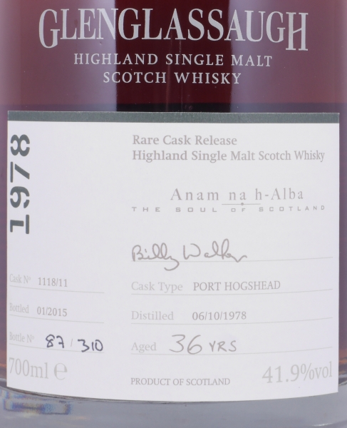 Glenglassaugh 1978 36 Years Port Hogshead Cask No. 1118/11 Highland Single Malt Scotch Whisky 41.9%
