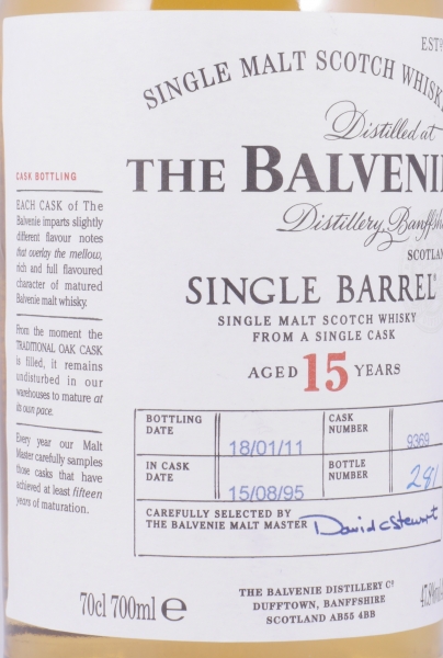 Balvenie 1995 15 Years Oak Cask No. 9369 Single Barrel Highland Single Malt Scotch Whisky 47.8%