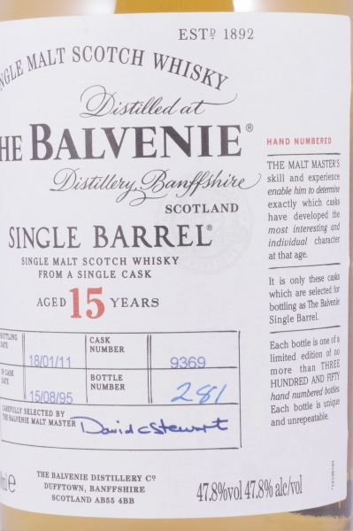 Balvenie 1995 15 Years Oak Cask No. 9369 Single Barrel Highland Single Malt Scotch Whisky 47.8%