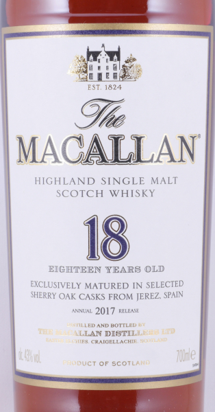 Macallan 18 Years Sherry Oak Annual 2017 Release Oak Highland Single Malt Scotch Whisky 43,0%
