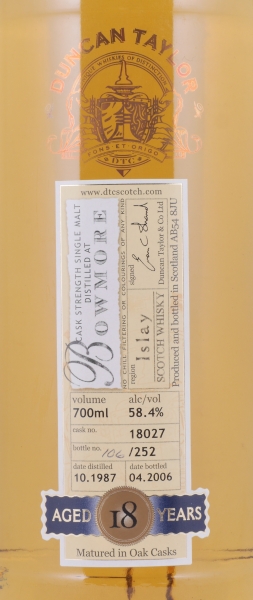 Bowmore 1987 18 Years Oak Cask No. 18027 Duncan Taylor Cask Strength Rare Auld Edition Islay Single Malt Scotch Whisky 58,4%
