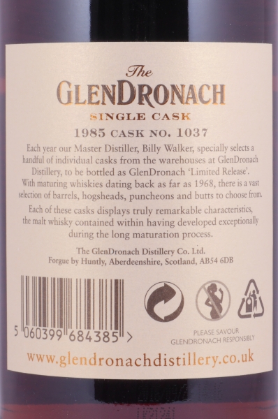 Glendronach 1985 30 Years Pedro Ximenez Sherry Puncheon Cask No. 1037 Highland Single Malt Scotch Whisky 52,3%