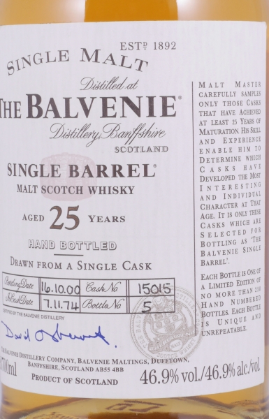 Balvenie 1974 25 Years Single Barrel Oak Cask No. 15015 Highland Single Malt Scotch Whisky 46,9%