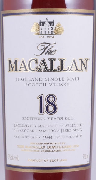Macallan 1994 18 Years Sherry Oak Highland Single Malt Scotch Whisky 750ml Remy Cointreau NY 43.0%