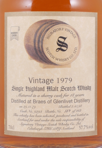Braes of Glenlivet 1979 18 Years Sherry Cask No. 9293 Signatory Vintage Highland Single Malt Scotch Whisky 57.7%