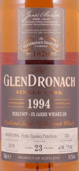 Glendronach 1994 23 Years Pedro Ximenez Sherry Puncheon Cask No. 126 Highland Single Malt Scotch Whisky 54,1%