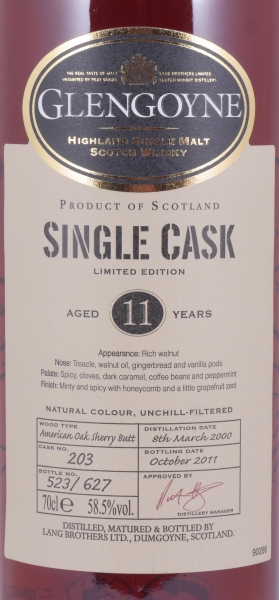 Glengoyne 2000 11 Years American Oak Sherry Butt Cask No. 203 Highland Single Malt Scotch Whisky 58,5%